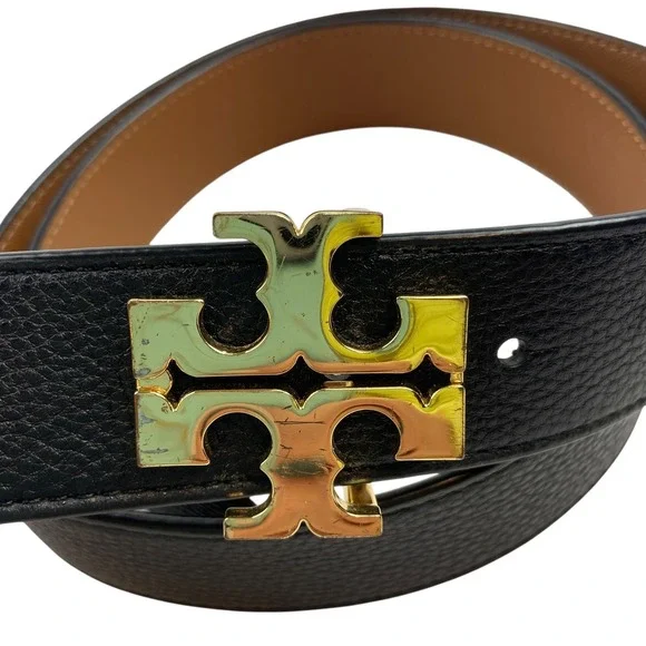 Tory Burch Reversible Belt S/M Black Brown Pebbled Leather Gold Logo Buckle 1.5" - Picture 3 of 6